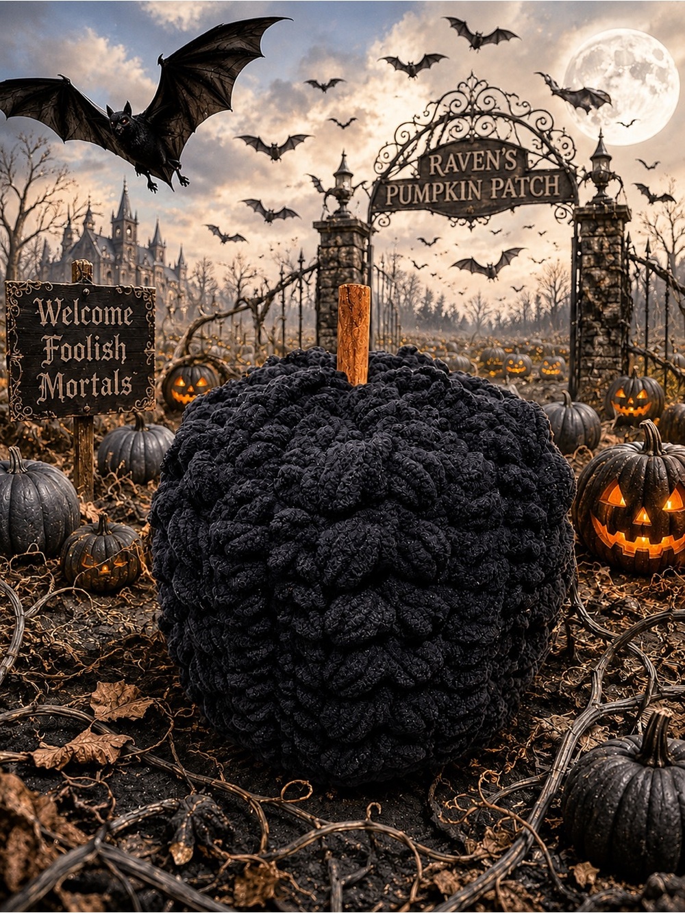 Handmade Black Crochet Pumpkin Gothic Halloween Fall Tabletop Decor